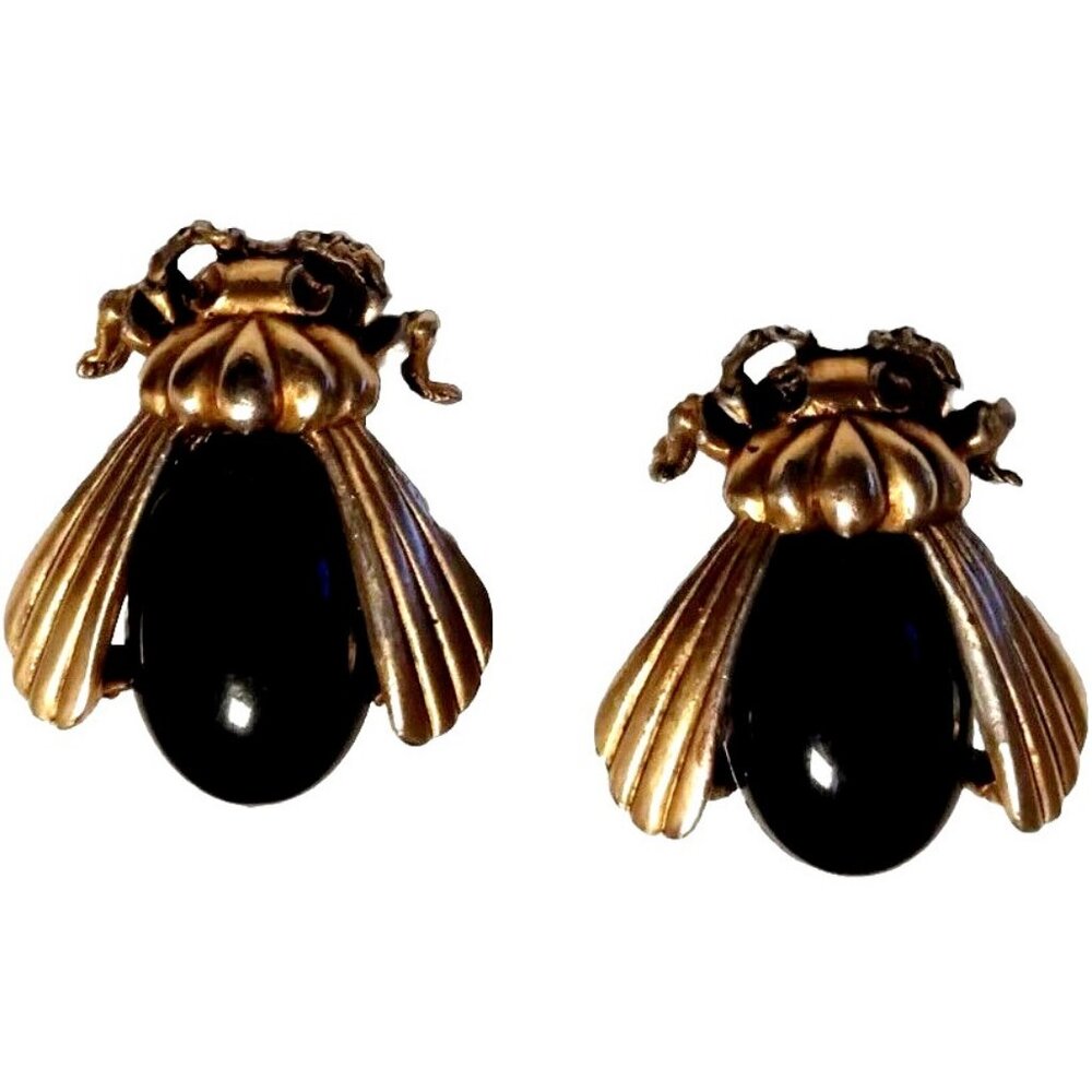 RARE Antique Victorian Black Fly Earrings Clip on Gothic Revival 1800s